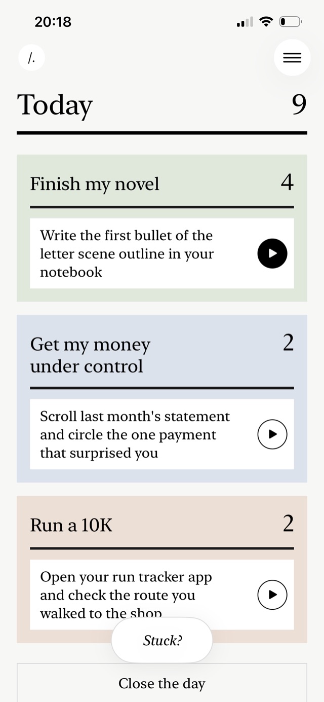 Finally's Today screen: three Wholes, each with today's next Fraction